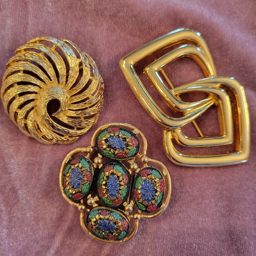 Trio of Brooches ~ Vintage ~ Sarah Coventry ~ Napier ~ Mosaic ~ Gold-Tone ~ Nice